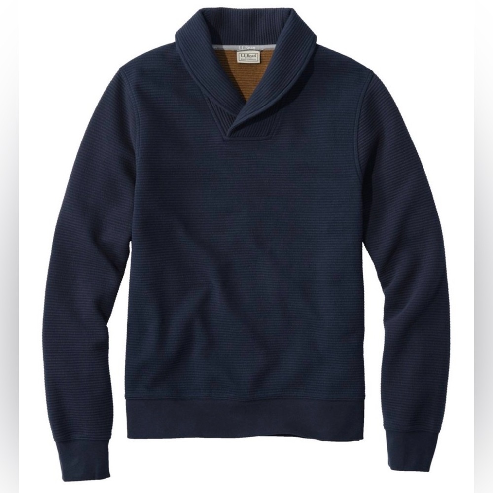 LL BEAN NWT Shawl Collar Navy Lakewashed Double Knit Pullover Size Large Tall
